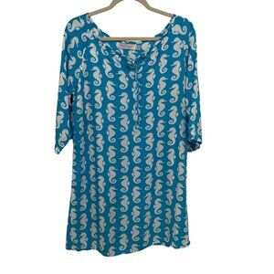 Tybee Island Swimsuit Cover-up‎ Tunic Womens M Blue Seahorse Design Beach